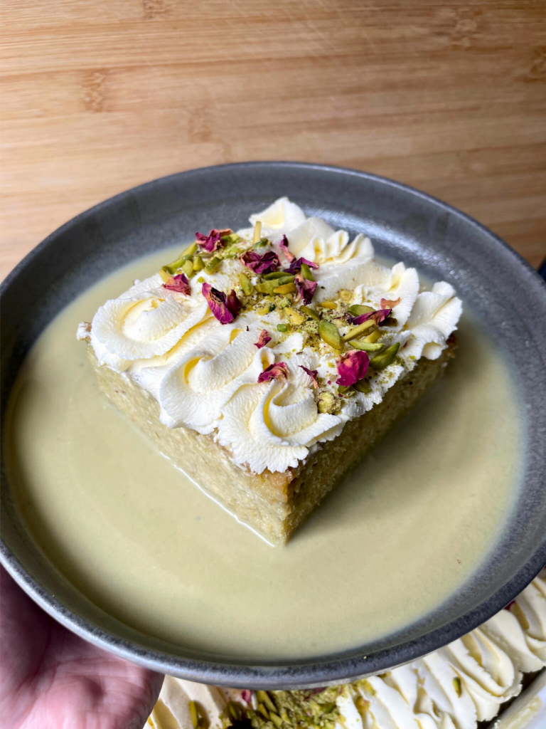 pistachio milk cake served